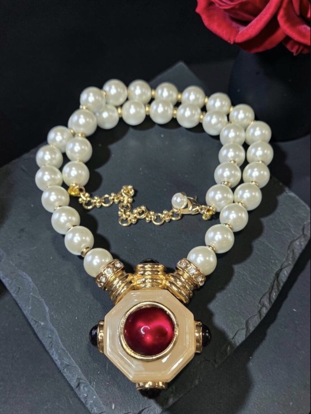 Chunky Pearl & Gold Deco Lucite Glass Ruby Onyx Cabochon Zircon Crystal Necklace